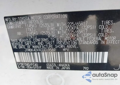 2012 Toyota Rav4 Base V6 из США, поврежденный, VIN JTMBK4DVXCD019569